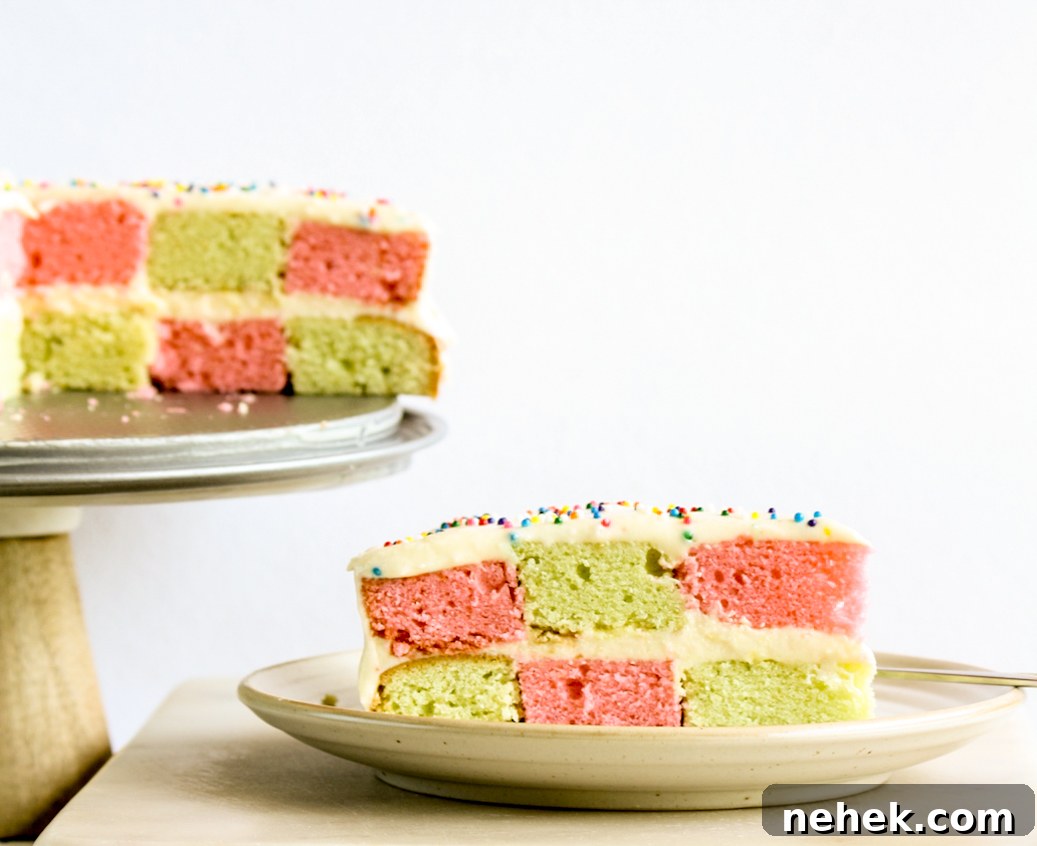 Checkerboard Layer Cake with Cream Cheese Frosting 2 Classic vanilla butter cake in a two-coloured checkerboard pattern with tangy cream cheese frosting!