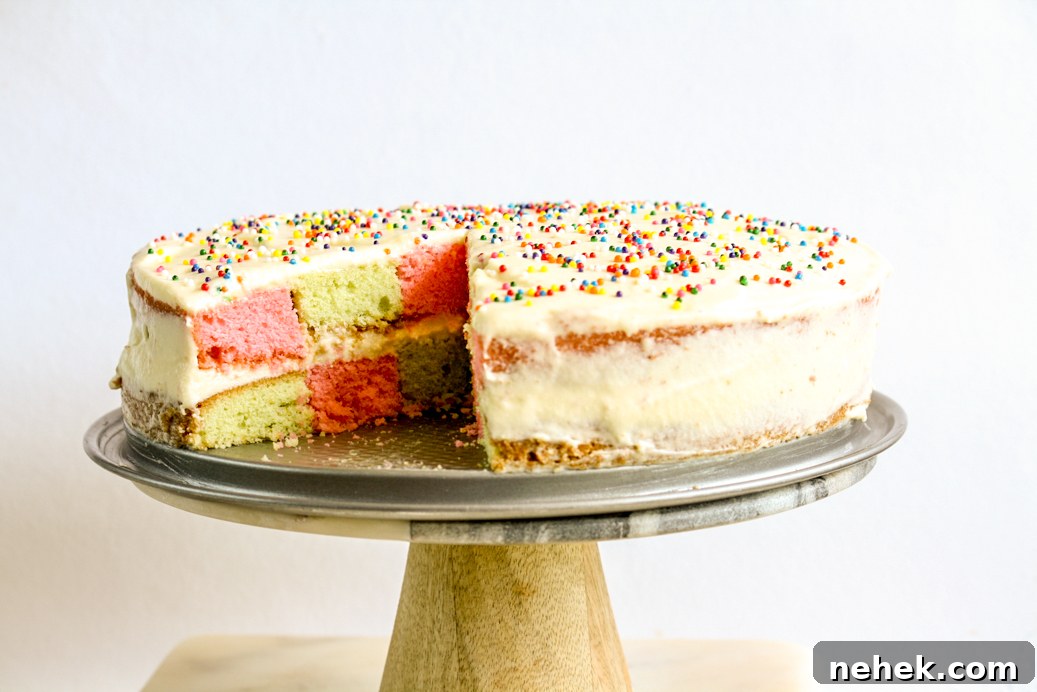 Checkerboard Layer Cake with Cream Cheese Frosting 4 Classic vanilla butter cake in a two-coloured checkerboard pattern with tangy cream cheese frosting!
