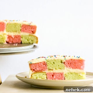 Checkerboard Layer Cake with Cream Cheese Frosting 5 Classic vanilla butter cake in a two-coloured checkerboard pattern with tangy cream cheese frosting!