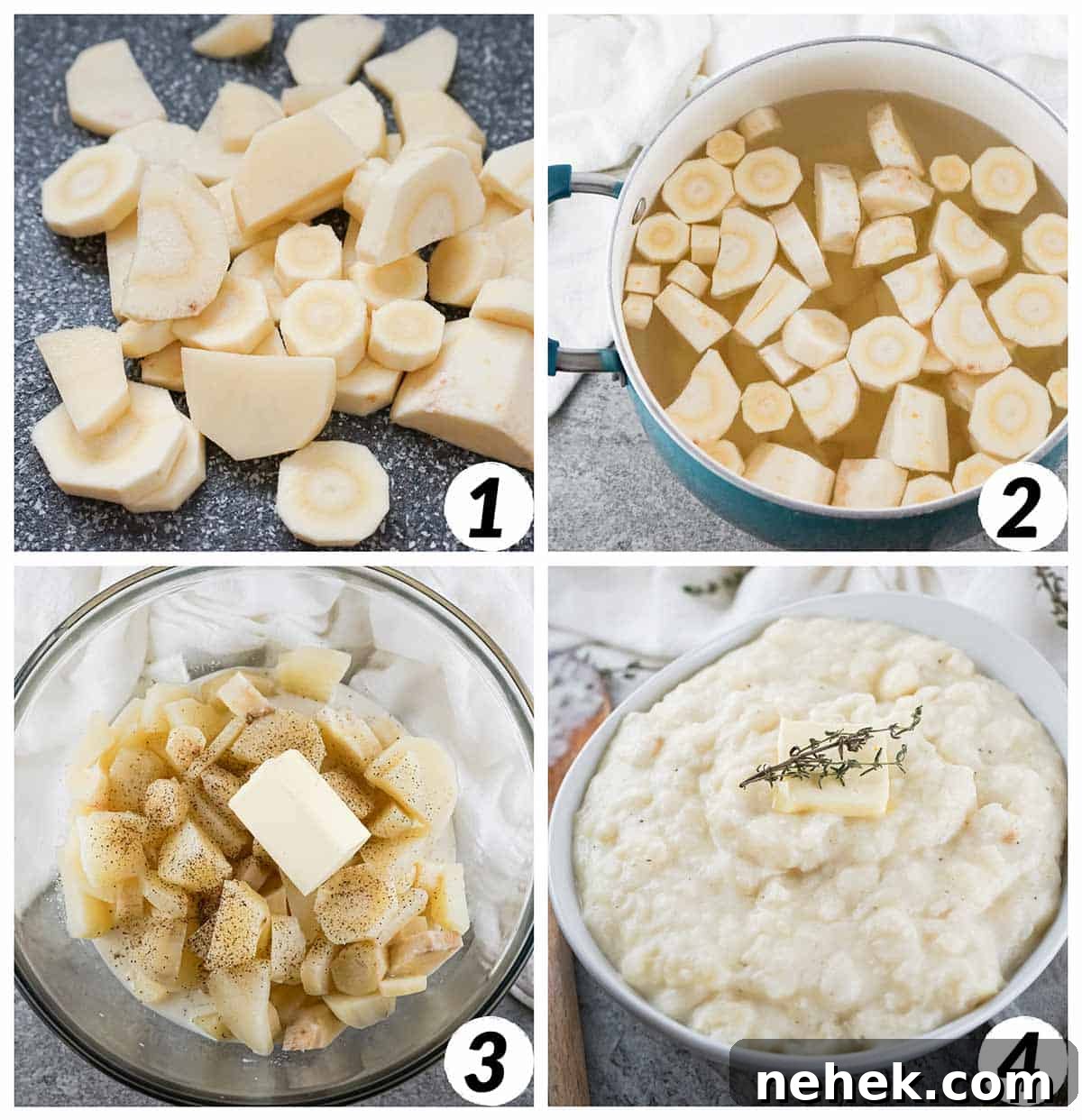 Creamy Mashed Potatoes and Parsnips Recipe 4 Four panel collage of process shots- chopping parsnips and potatoes, boiling them, combining ingredients, and mashing.