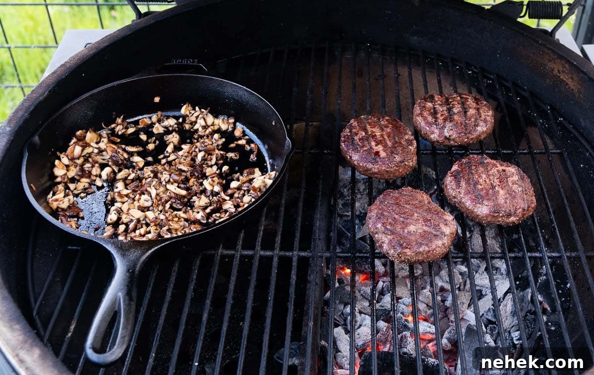 Gourmet Wild Mushroom Burger Recipe 4 Sauteed wild mushrooms and burgers on the grill