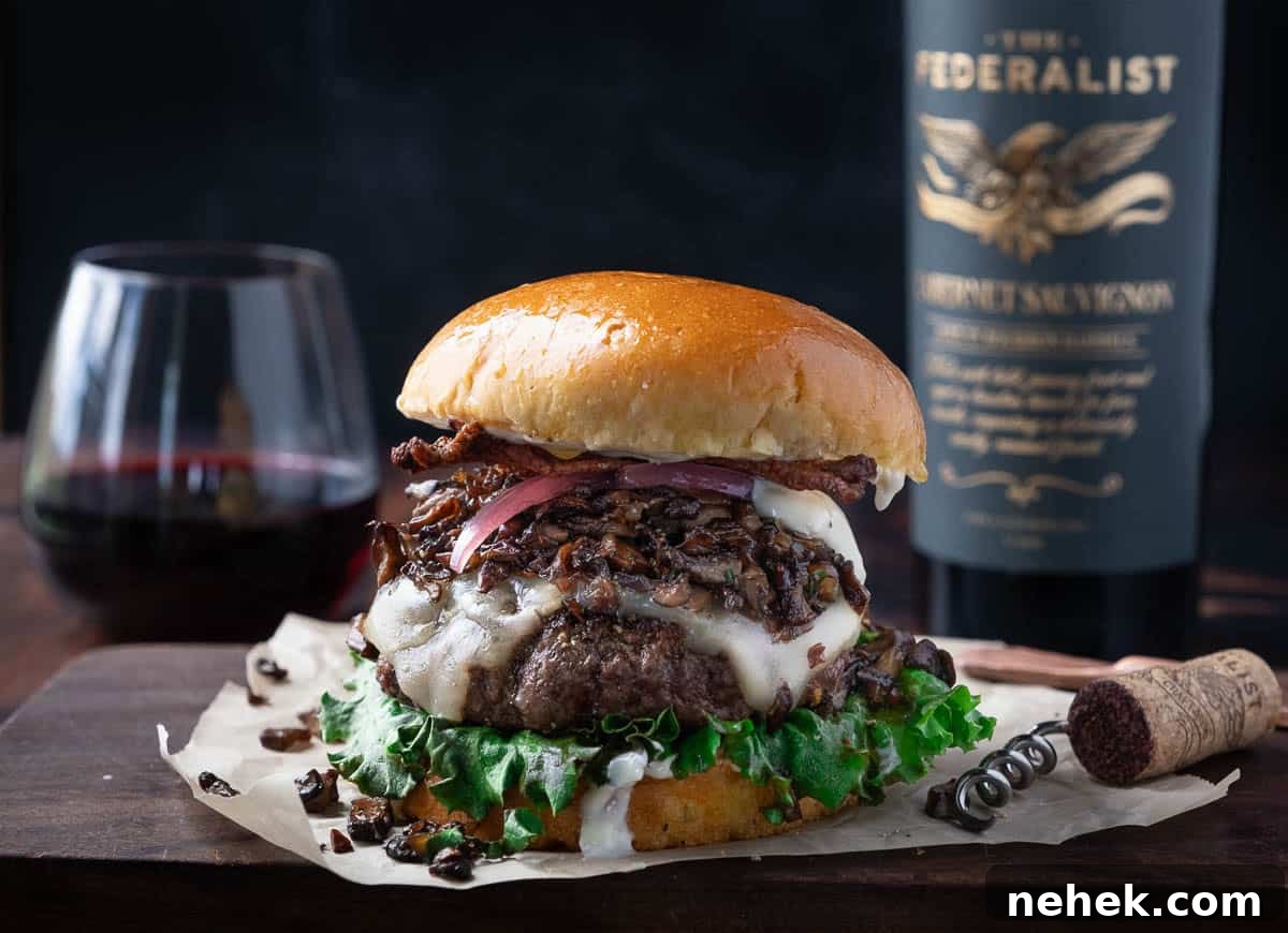 Gourmet Wild Mushroom Burger Recipe 5 Gourmet Burger with Wild Mushrooms and a glass of red wine