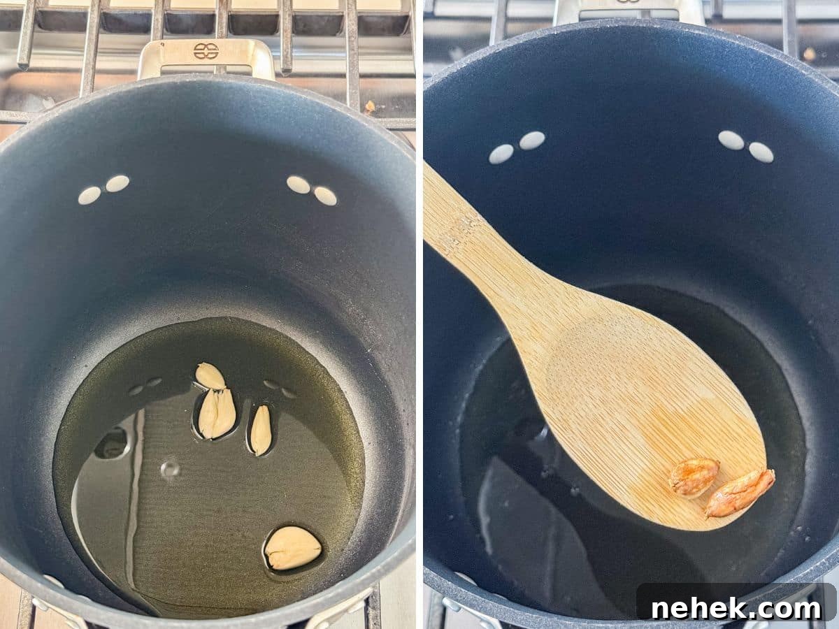 Homemade Sugar-Free Marinara Sauce 5 Garlic sautéing in olive oil in a large pot and then a wooden spoon removing it once the garlic is golden.