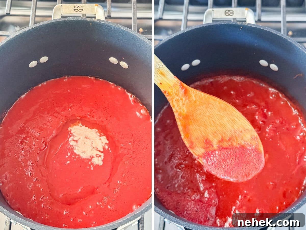 Homemade Sugar-Free Marinara Sauce 6 Baking soda added to sauce and then a spoon skimming the foam from the top.
