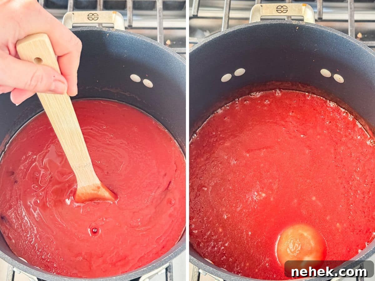 Homemade Sugar-Free Marinara Sauce 7 A spoon stirring the sauce and then onion and minced garlic added.