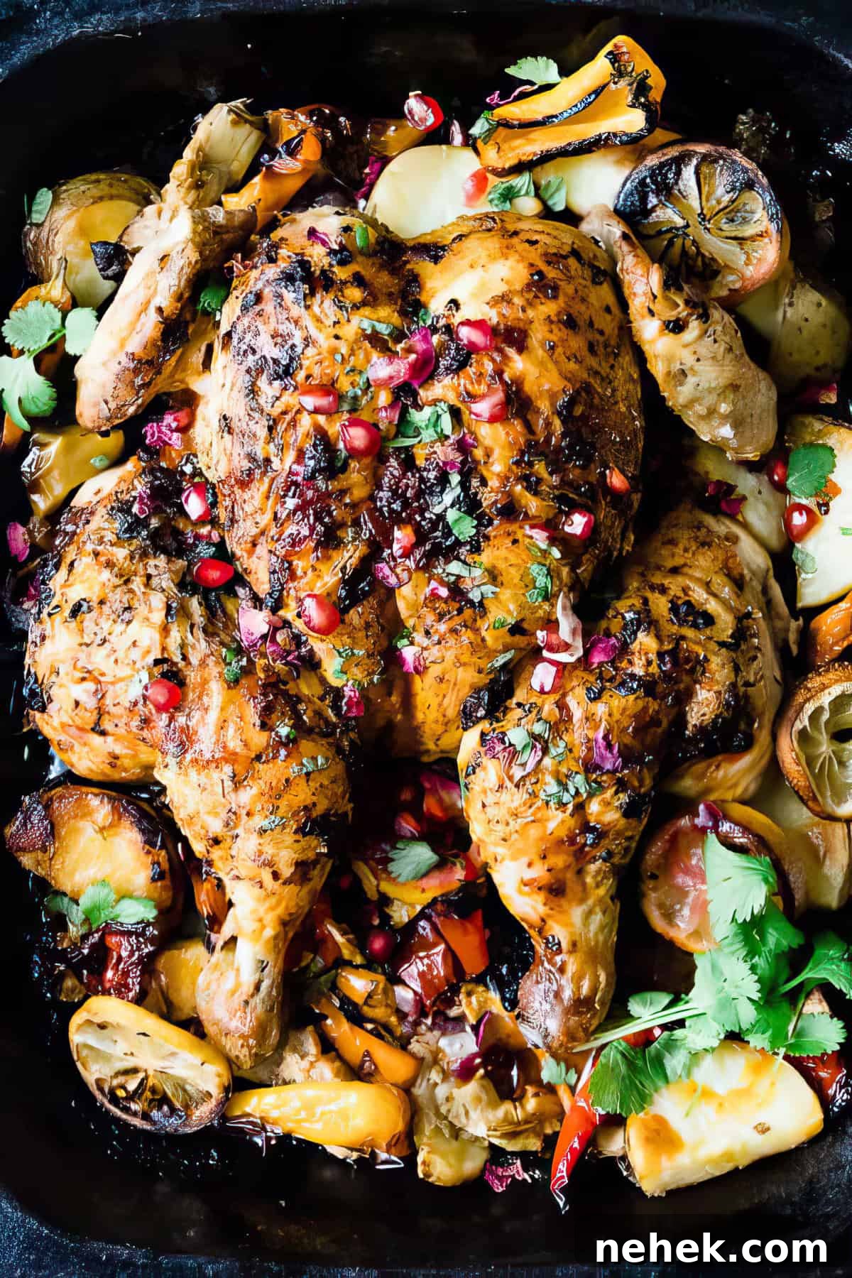 Sheet Pan Harissa Chicken with Crispy Potatoes 2 Spatchcocked Harissa chicken on a sheet pan with roasted vegetables